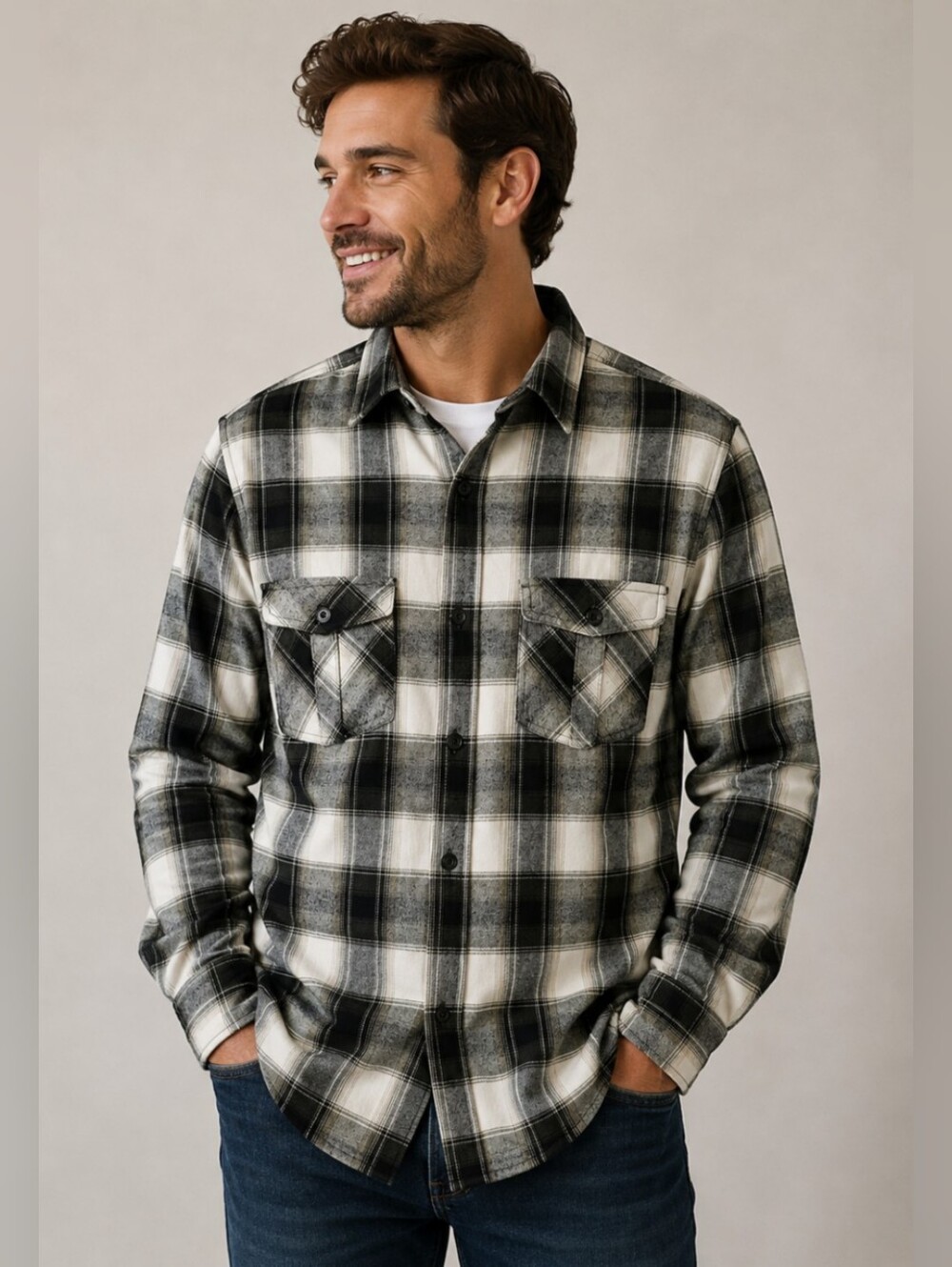 Mountain Ridge Men’s Plaid Flannel Shirt M Green/White Fall Button Up